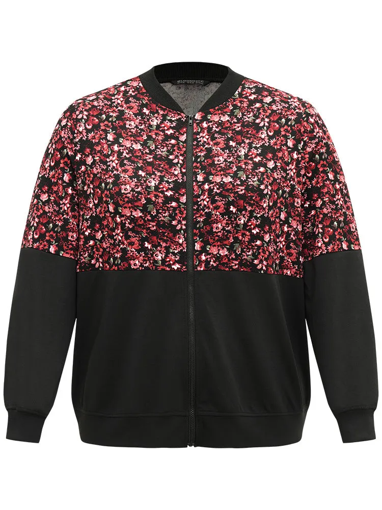 Ditsy Floral Patchwork Zipper Elastic Cuffs Jacket