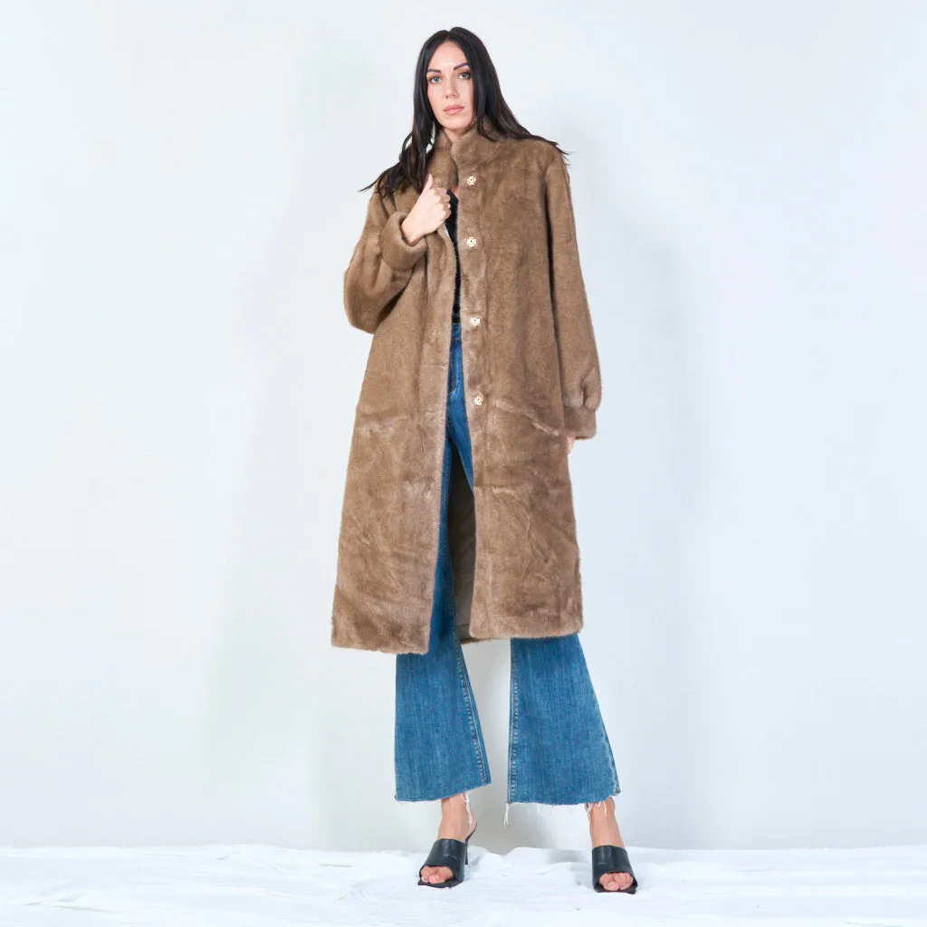 Long faux fur coat with high collar wholesale