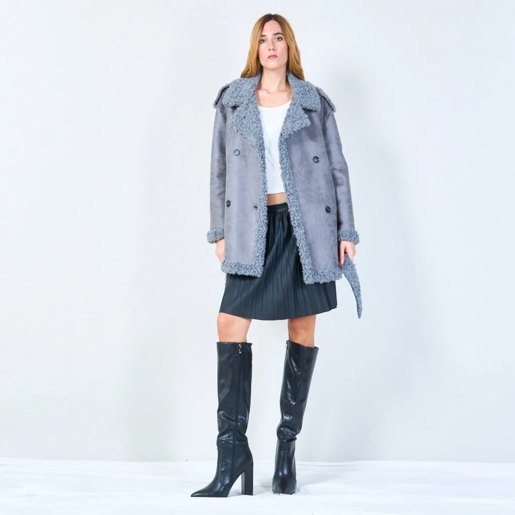 Shearling-lined belted coat with oversized lapels wholesale